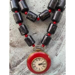 Vintage 60s Working Watch. Black Tourmaline 2-Strand Necklace.
